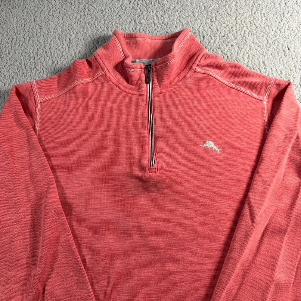 Tommy Bahama Mens Large Coral Pink Slub Knit Quarter Zip Marlin Pullover Sweater